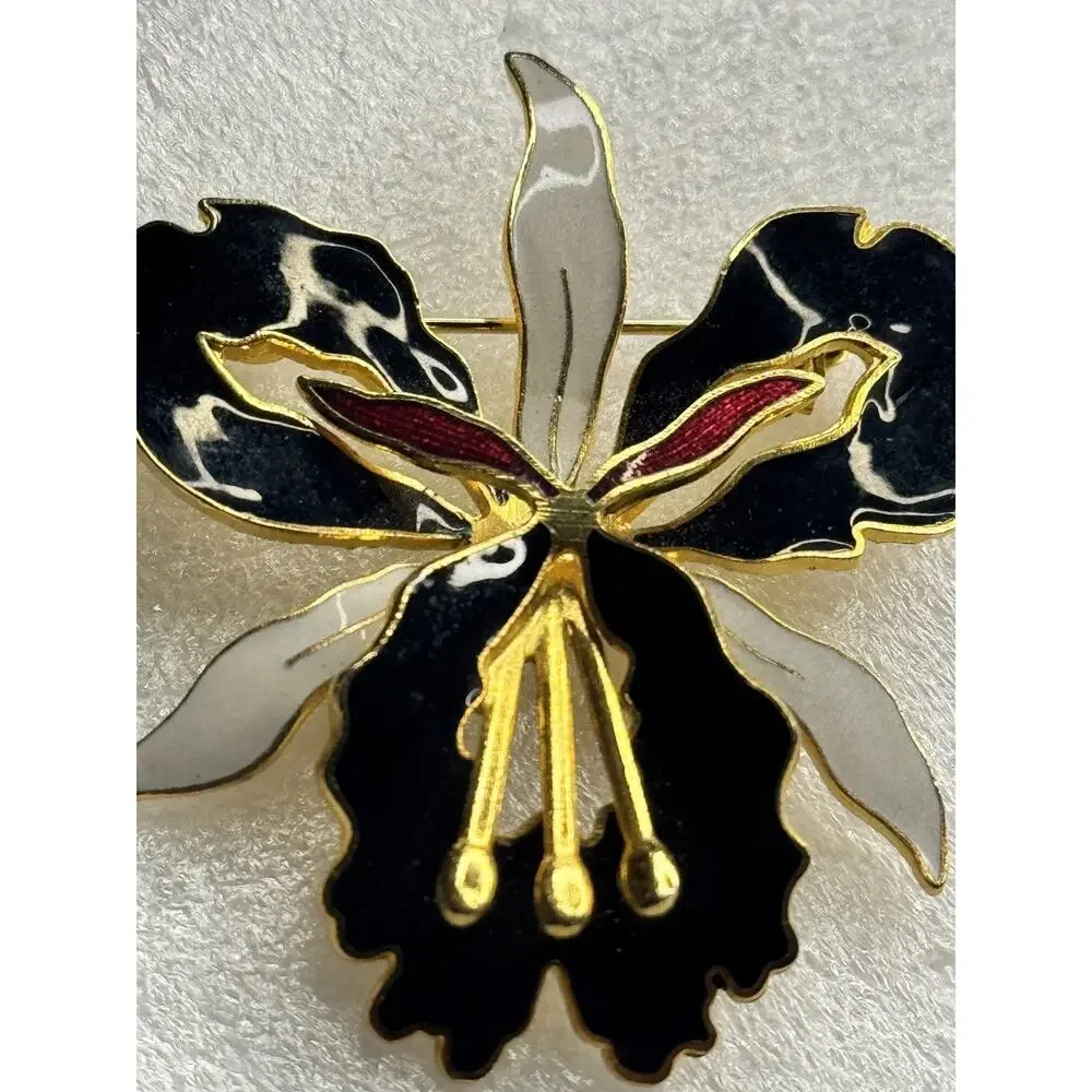 Vintage Cloisonné Orchid Flower Brooch Pin Gold Tone Black White Enamel Floral